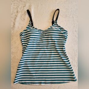 Christina Black and Teal Striped Tankini Top ONLY, M, Adjustable Straps, NWOT